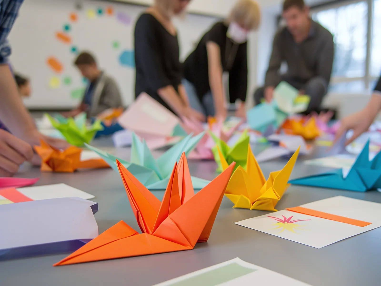 People folding colourful paper cranes together at a craft table